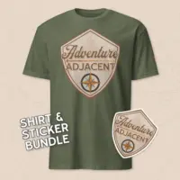 The fleet spec bundle, shirt & sticker bundle image. It's a tan topo map background with a military green Adventure Adjacent Official logo t-shirt on it, and a small adventure adjacent official logo sticker on the bottom right at an angle.
