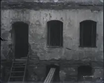 1894 photograph of stone slave pens with barred windows and a ladder at Stephen Girard’s Louisiana property, by W. N. Jennings.