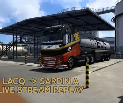 A Volvo FH16 attached to a tanker trailer from Ineos parked at an industrial depot in Euro Truck Simulator 2, used as a thumbnail for a virtual road trip from Lacq to Sardinia on Adventure Adjacent’s live stream replay, with the brand badge and title text overlay.