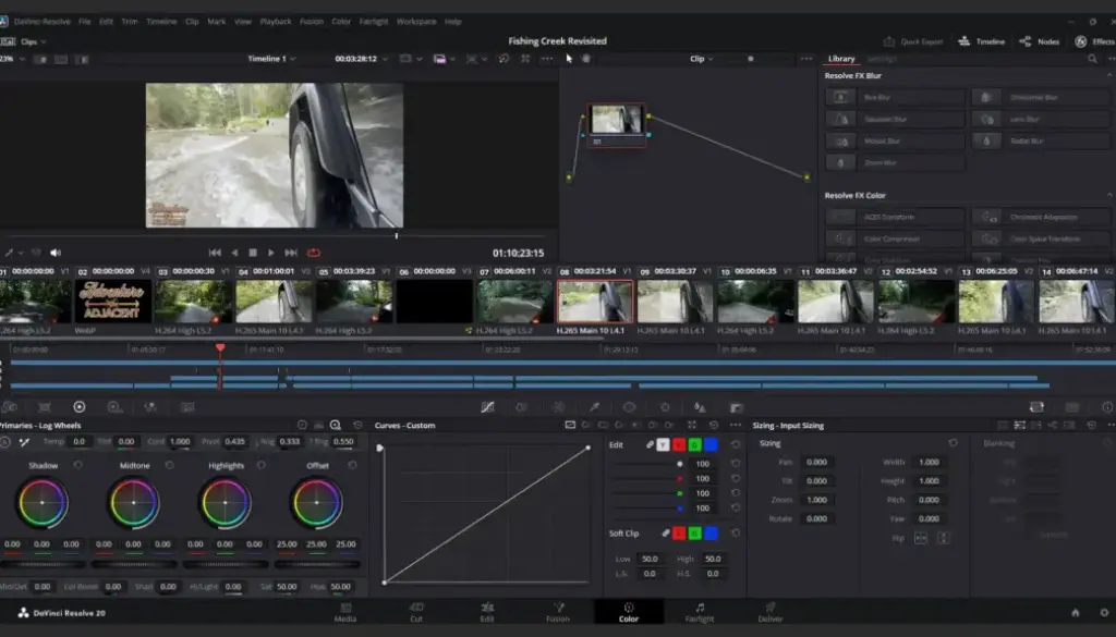 Screenshot of DaVinci Resolve 20’s Color page with the “Fishing Creek Revisited” timeline open—viewer shows an action-cam shot of the FJ’s front wheel splashing through a creek while the node graph, effects panel, and color tools (log wheels and curves) sit below a multi-clip, multi-track timeline.
