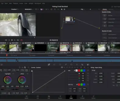 Screenshot of DaVinci Resolve 20’s Color page with the “Fishing Creek Revisited” timeline open—viewer shows an action-cam shot of the FJ’s front wheel splashing through a creek while the node graph, effects panel, and color tools (log wheels and curves) sit below a multi-clip, multi-track timeline.
