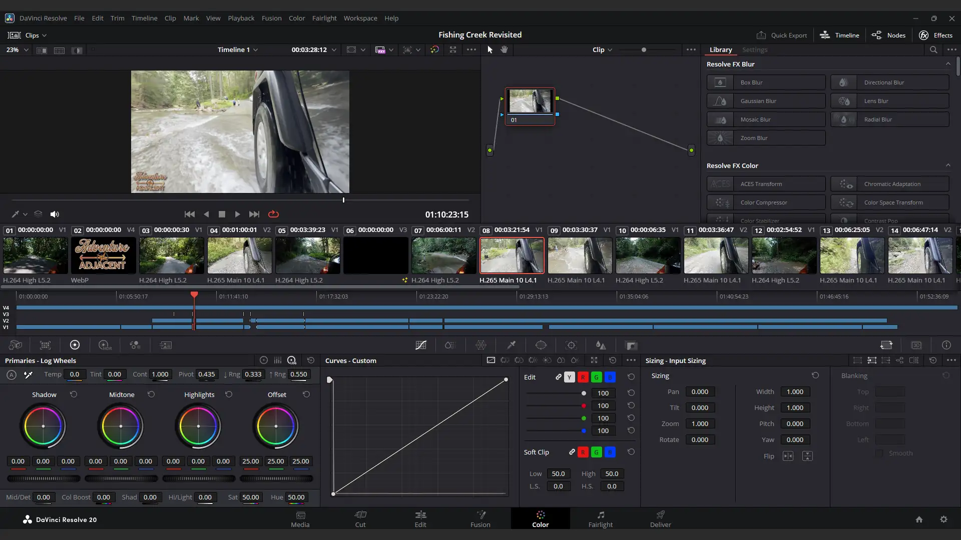 Screenshot of DaVinci Resolve 20’s Color page with the “Fishing Creek Revisited” timeline open—viewer shows an action-cam shot of the FJ’s front wheel splashing through a creek while the node graph, effects panel, and color tools (log wheels and curves) sit below a multi-clip, multi-track timeline.