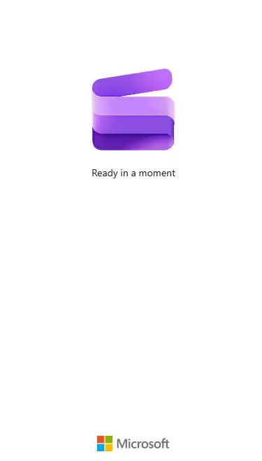 Clipchamp’s white loading screen with a purple Clipchamp logo and the message “Ready in a moment,” plus a Microsoft logo at the bottom; aka the screen it can get stuck on when the app refuses to launch.