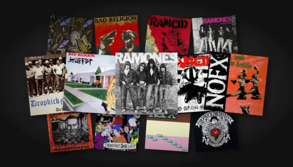 Collage of thirteen punk rock album covers by Ramones, Bad Religion, Rancid, NOFX, Dropkick Murphys, and Dead Kennedys, fanned and slightly tilted across a dark vignetted background, with the black-and-white self-titled Ramones cover centered as the main focus.