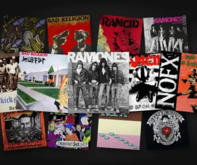 Collage of thirteen punk rock album covers by Ramones, Bad Religion, Rancid, NOFX, Dropkick Murphys, and Dead Kennedys, fanned and slightly tilted across a dark vignetted background, with the black-and-white self-titled Ramones cover centered as the main focus.
