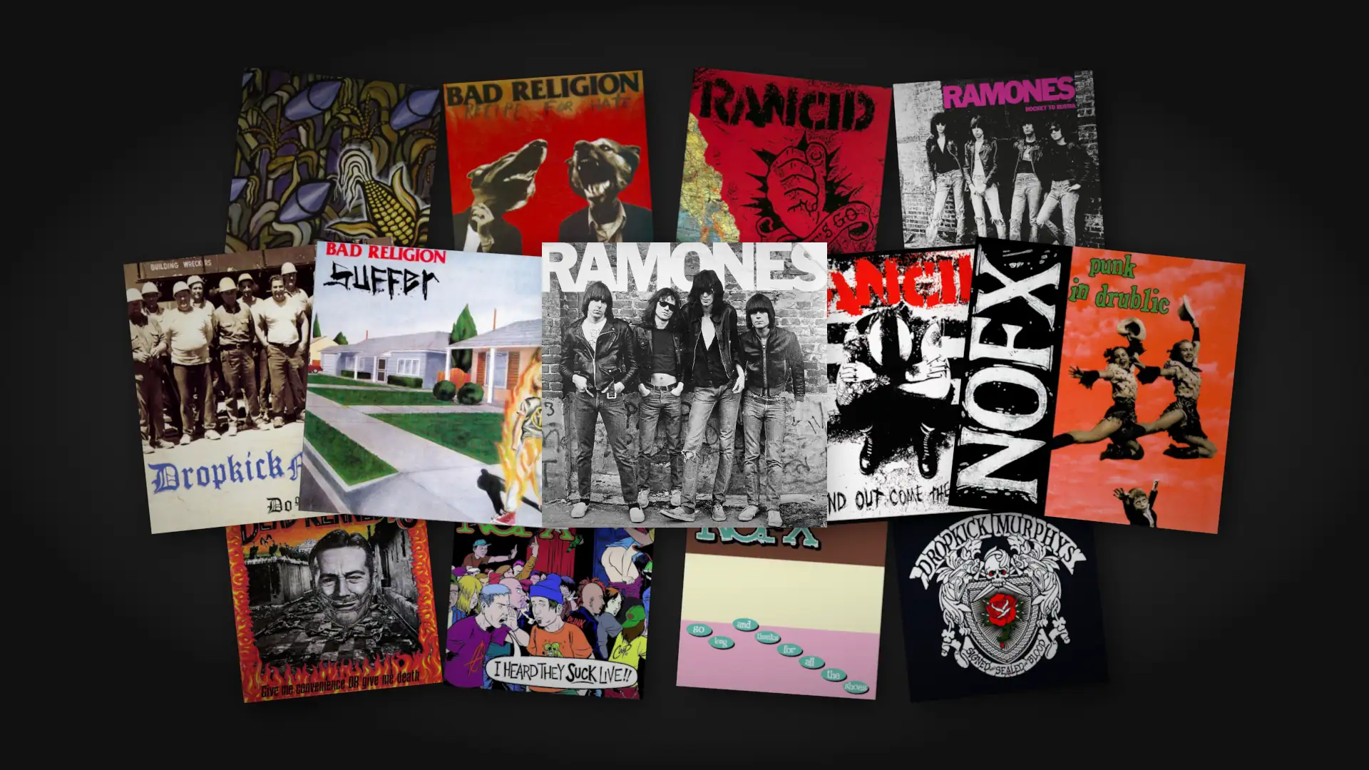 Collage of thirteen punk rock album covers by Ramones, Bad Religion, Rancid, NOFX, Dropkick Murphys, and Dead Kennedys, fanned and slightly tilted across a dark vignetted background, with the black-and-white self-titled Ramones cover centered as the main focus.