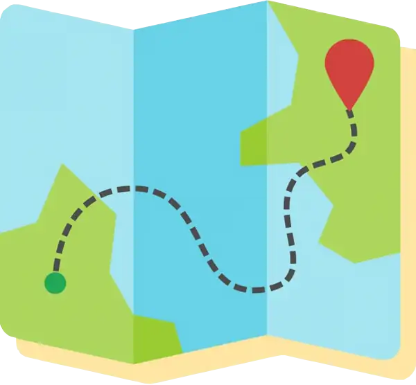 Stylized folded map in blue and green with a winding dashed path leading from a green dot on the left to a red map pin on the right for the Choose Your Own Route Tip Jar option.