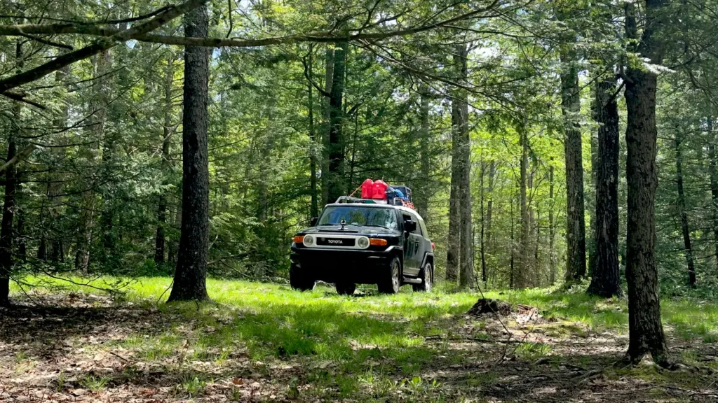 The Adventure Adjacent black and white FJ Cruiser in Sproul State Forest with red plastic fuel cans and other gear strapped to the roof rack.