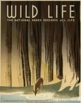 "The national parks preserve all life", poster for National Park Service, 1940. A drawing of a wooded scene with a deer drinking from a body of water.