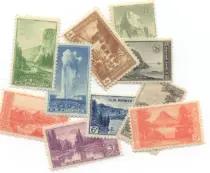 In 1934, a series of ten postage stamps was issued to commemorate the reorganization and expansion of the National Park Service. This is an image of those 10 stamps loosely arranged.
