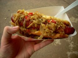 A hand holding a cardboard food container with a kielbasa sandwich. The grilled kielbasa is stuffed in a hard roll and covered in sauerkraut fried with peppers and onions and a white plastic fork out the right side of the container for cleaning up the fried sauerkraut.
